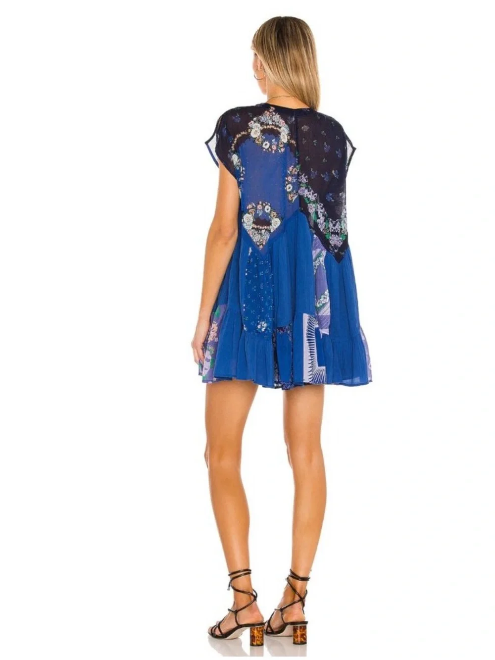 FREE PEOPLE Mended Scarves Patchwork Mini Dress Blue Dark Combo Large MSRP$148